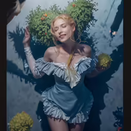 a picture of a young woman in blue, looking up at her hands