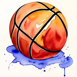 watercolor painting of a basketball ball on blue paint drops,watercolor basketball with blue splash paint,an artistic painting with a basketball ball painted on it,a watercolor painting of a basketball ball with blue and orange ink splotters on it,painting of basketball on watercolor paper with colors blue and orange