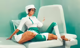 a woman sitting on top of a couch wearing green and white