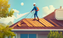 a man in a hard hat holding a vacuum on top of a house