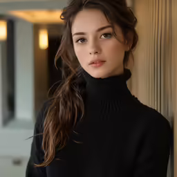 a beautiful young woman wearing black standing next to a wall