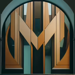 an artistic modern entry door with rounded wood and glass panels