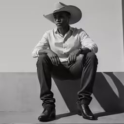 man sitting on a ledge wearing cowboy hat and jeans