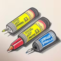 an image of three pencils with pens,a pencil, a ball point and some sharpeners are depicted in this image,colored pencils with one full and one empty and one with some black writing on it,three different colored pencils are next to each other,a close up of three different colored pens and one black one yellow