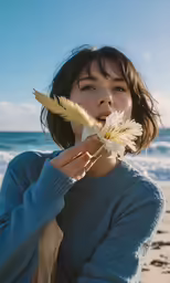 a woman with a flower and an object in her hands
