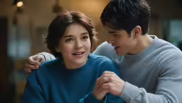 a boy and girl smiling at each other