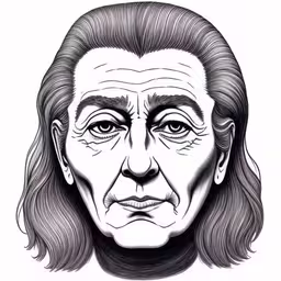 an old woman with large eyes and a creepy look,a caricature picture of a person with long hair,a portrait drawing of a person with long hair,a black and white drawing of a woman with eyebrows,a caricature image of a person