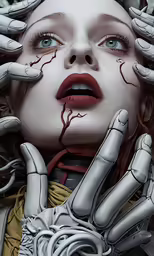 a woman with her hand on her face and hands extended