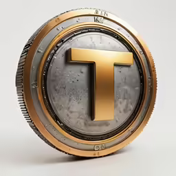 a shiny letter t in a circle that is gold and gray