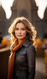 a young woman poses for a portrait wearing a black leather jacket and scarf