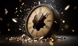 a clock surrounded by gold flakes and confetti