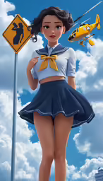 a woman with a bow tie is holding a plane sign