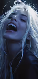 a woman with white hair is singing and making a goofy face