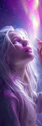 a digital painting of a woman looking up at the star sky,a woman in a galaxy sky holding up a small star