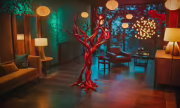 a red vase with branches stands in a room