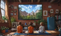 three children sitting in front of a large tv