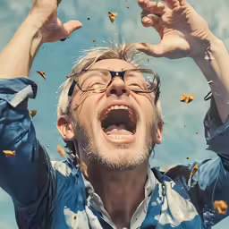 a man is making a face as he attempts to stop flying his bird