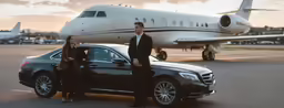 two people standing in front of a car next to a private plane