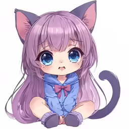 a cat girl with purple hair and blue eyes
