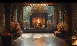 a very large living room with a big fire place in the middle
