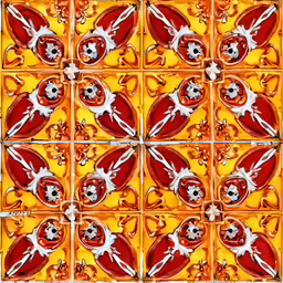 an artistic pattern with skulls on red and yellow tiles