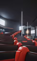 an empty auditorium is shown with rows of red seats