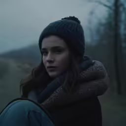a woman wearing a knit hat and a dark scarf