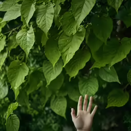 someone is reaching their hand towards some leaves