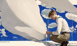 a man is kneeling down next to a huge painting