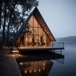 a glass house with wooden accents on the lake