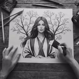 drawing with a marker of a woman by the trees
