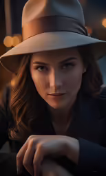 a woman in a hat and coat sitting at a table