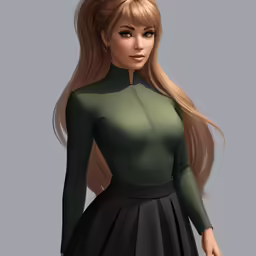 a girl with long blonde hair and green shirt