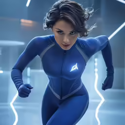 the woman in a blue suit is running through a tunnel