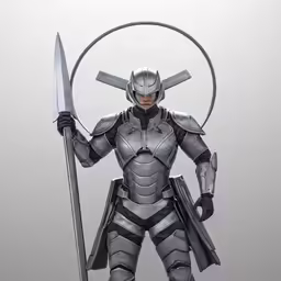 a person holding a giant sword and a large circular object