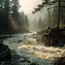 a man standing next to some rushing water