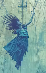 a woman floating in the air on top of power lines