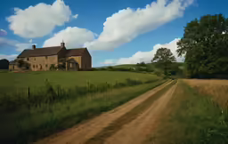 a dirt road and an old brick house on a green hillside