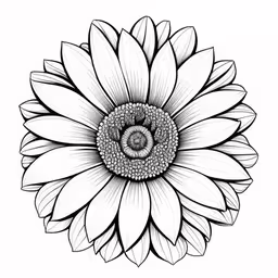 a flower is shown with black ink on white paper,the center view of a sunflower in black and white