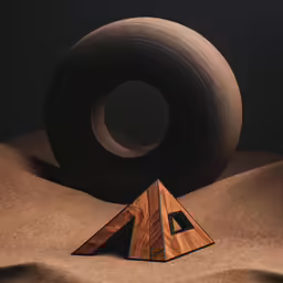 a triangle that is on a table with a wooden sign