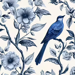 a drawing of a blue bird sitting on a branch