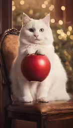 cat holding an apple in a chair while sitting down
