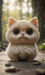 a cat with very big eyes staring in the woods