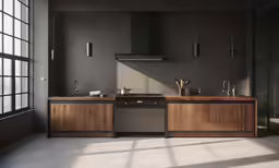 a modern kitchen with black appliances and light floors