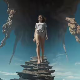 a woman standing on a very long stone bridge