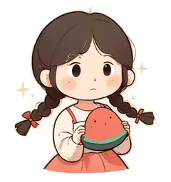 the character with black hair, is holding a watermelon