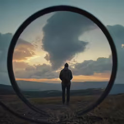 man in the field looking through a large round object