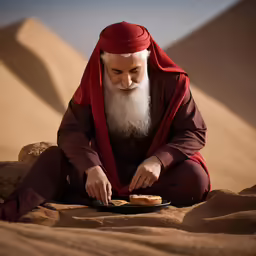 an older man is sitting on a sandy hill and eating crackers