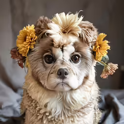 a little white dog is wearing flowers on his head