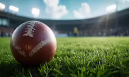 a red football is sitting in the grass at a stadium